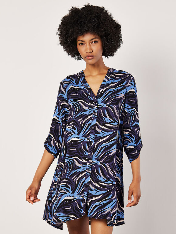 Abstract Swirl Shirt Mini Dress, Navy, large