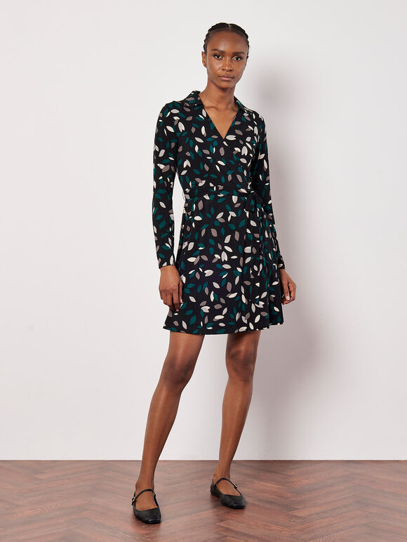 Leaf Print Wrap Mini Dress, Black, large