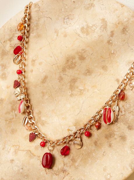 Gold Tone Layered Red Bead Charm Necklace