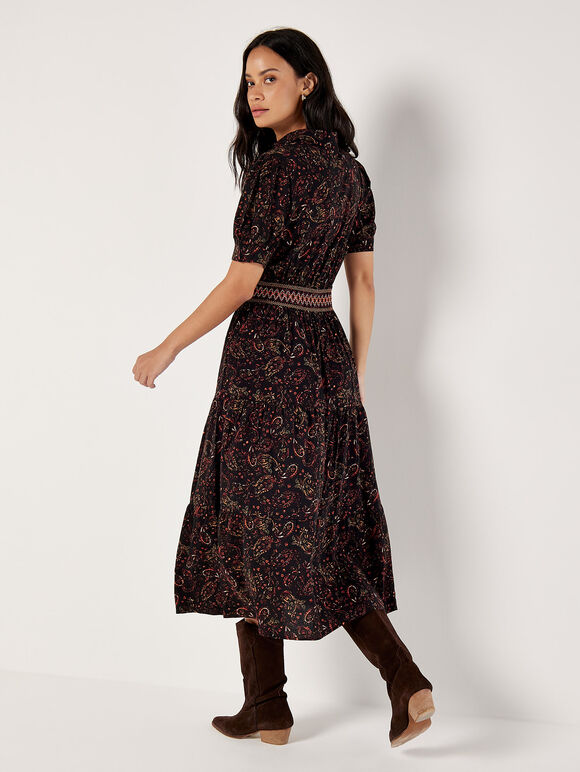 Paisley Shirt Midi Dress, Black, large