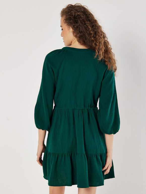 Textured Cotton Drawstring Mini Dress, Green, large