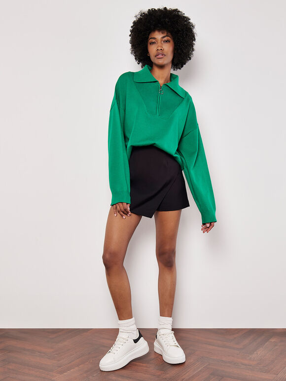 Cropped Zip Neck Sweatshirt, Green, large