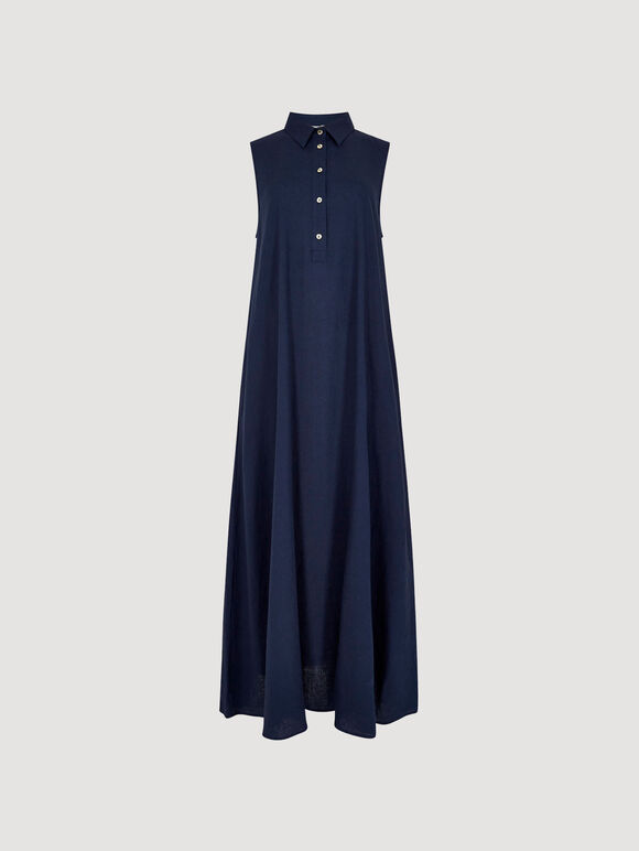 Linen Blend Shirt Maxi Dress, Navy, large