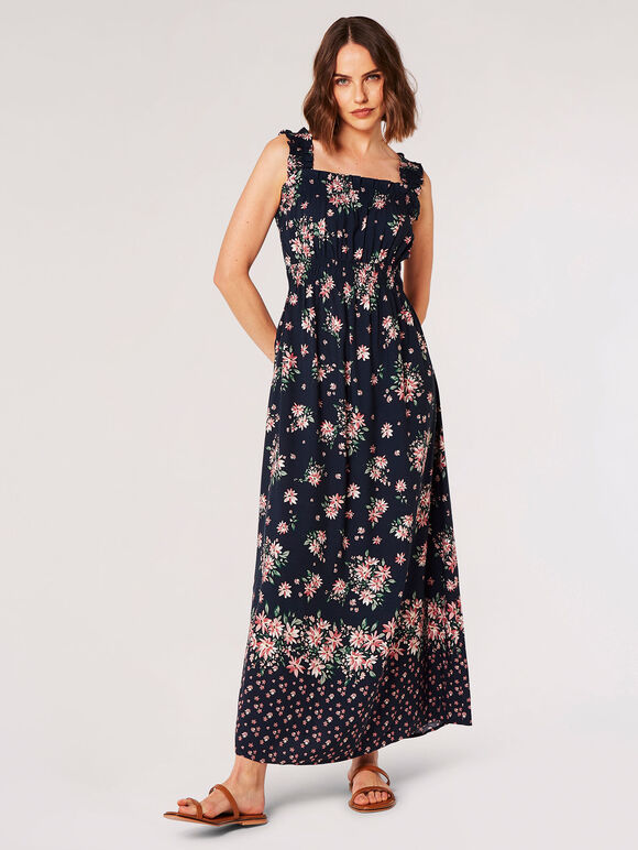 Floral Smocked Milkmaid Maxi Dress, Navy, large