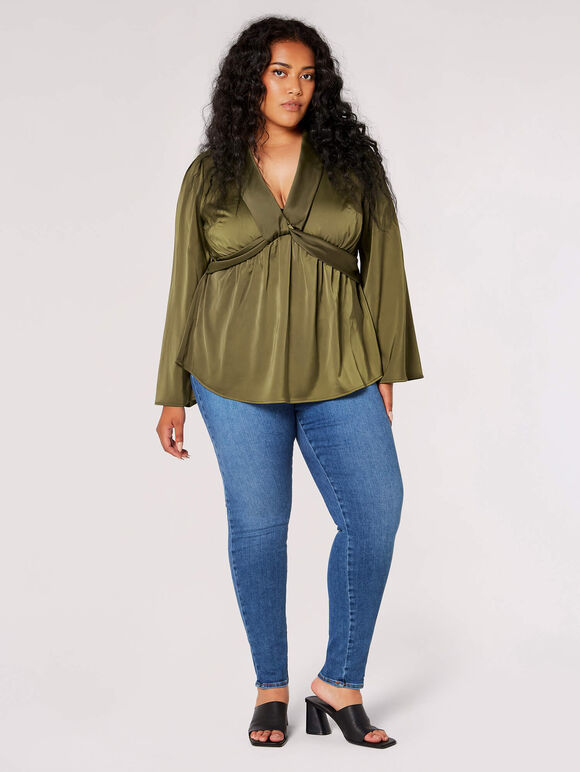 Curve Satin Twist Knot Top, Khaki, large