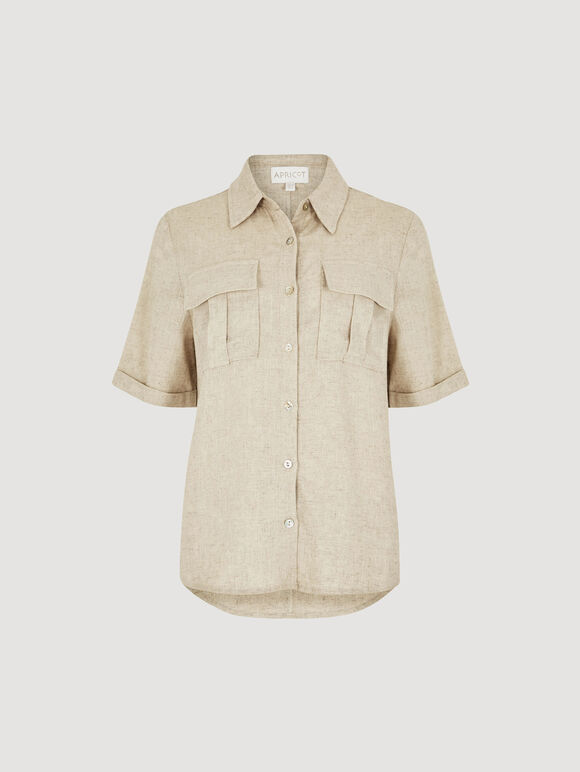 Linen Blend Short Sleeve Shirt, Stone, large