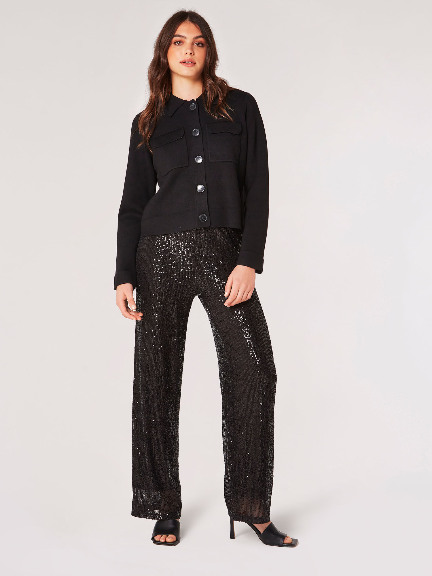 Robell Cindy Elasticated Waist Sequin Flared Trouser Silver/black 99
