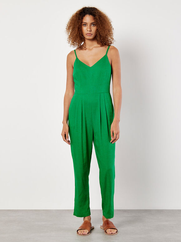 Linen Blend Camisole Jumpsuit, Green, large