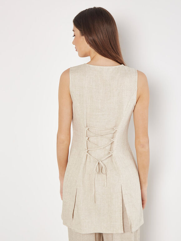 Linen Blend Longline Waistcoat, Stone, large