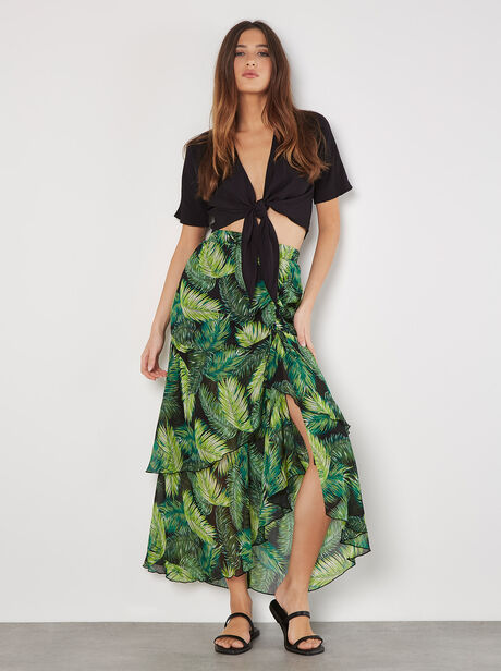Tropical Leaf Chiffon Tiered Maxi Skirt