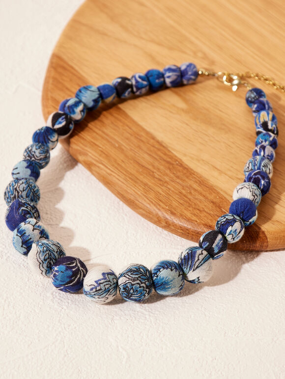 Blue Fabric Bead Necklace, Blue, large