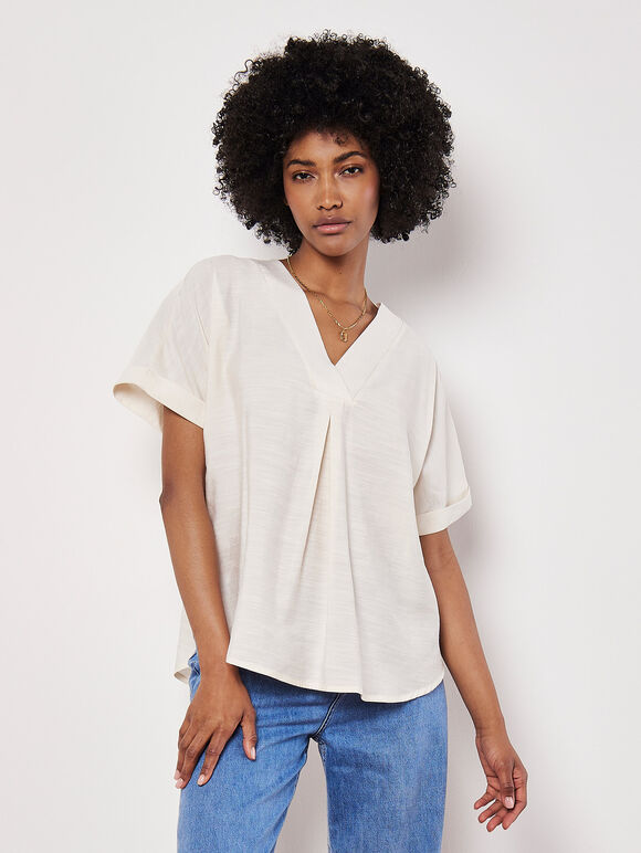 Pleat Detail V-Neck Top, White, large