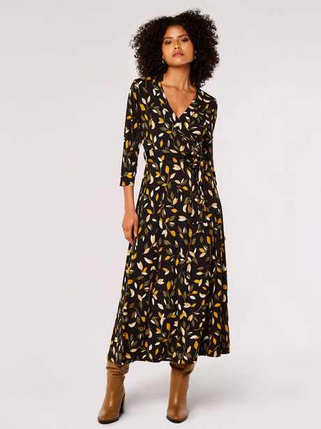 Leaf Print Wrap Maxi Dress