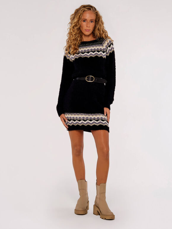 Metallic Chevron Jumper Mini Dress, Black, large