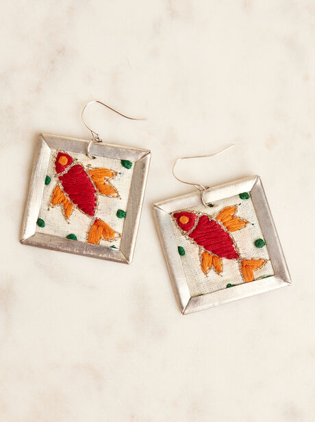 Silver Tone Embroidered Fish Hook Earrings