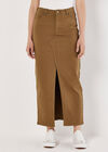 Front Split Denim Maxi Skirt, Brown, large