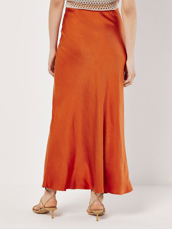 Satin Bias Midi Skirt, Orange, large