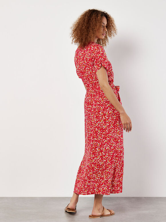 Ditsy Floral Decorative Button Midi Dress, Red, large