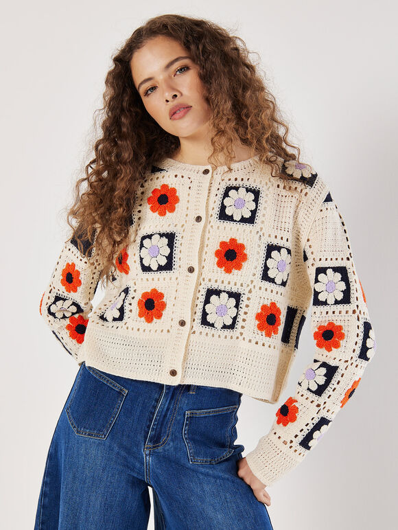 Patchwork Daisy Crochet Cardigan, Navy, large