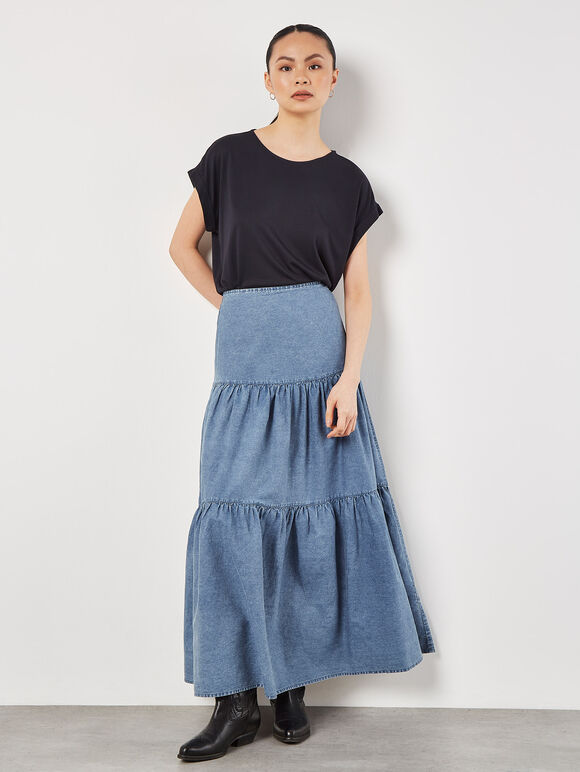 Cotton Denim Tiered Maxi Skirt, Blue, large