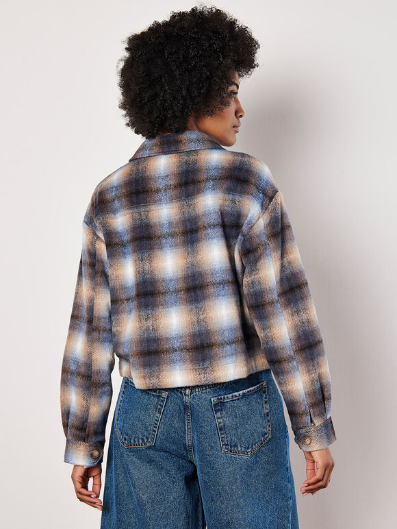 Brushed Check Cropped Jacket, Blue, large