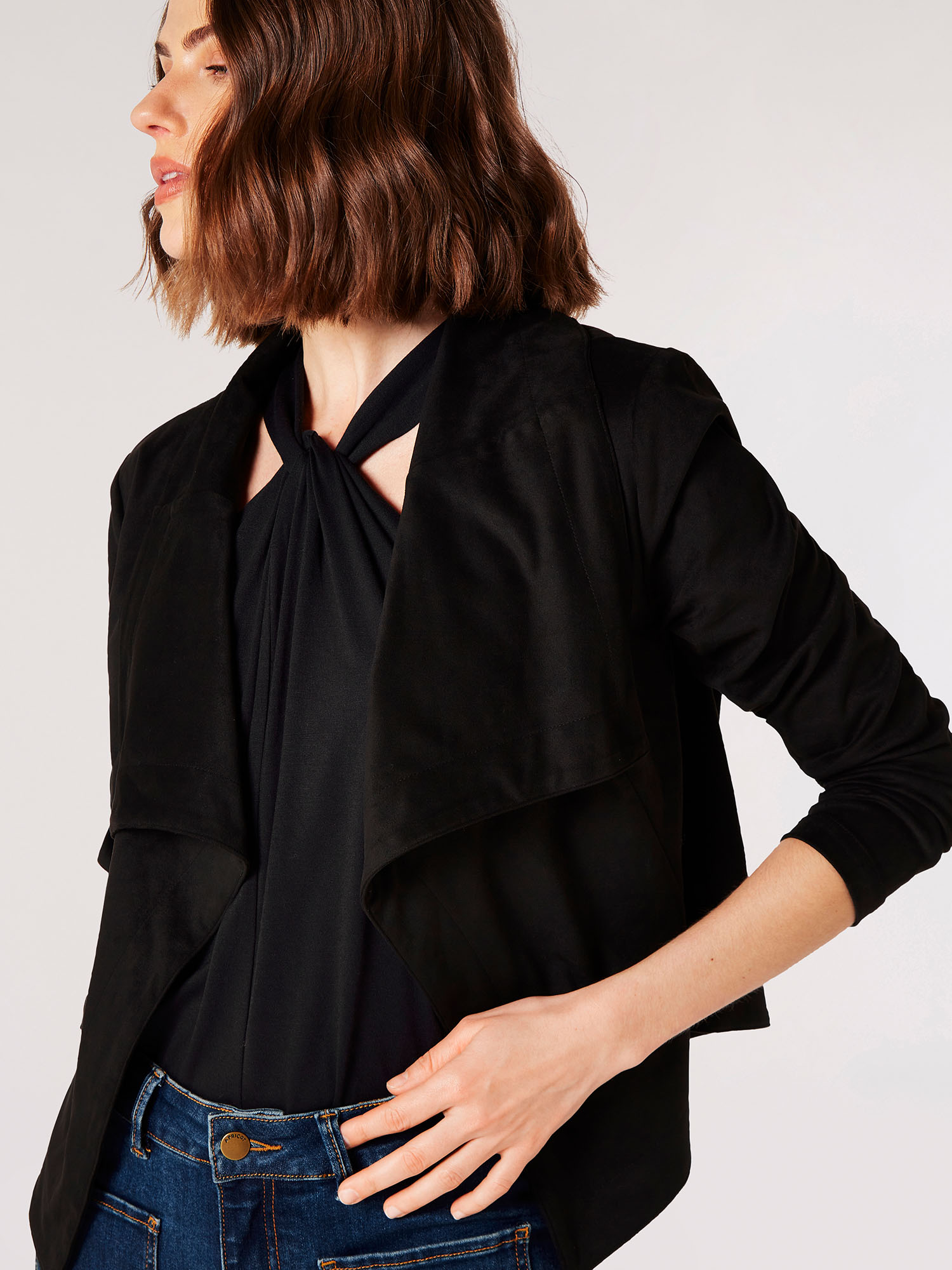 Cropped Suede Waterfall Jacket | Apricot Clothing