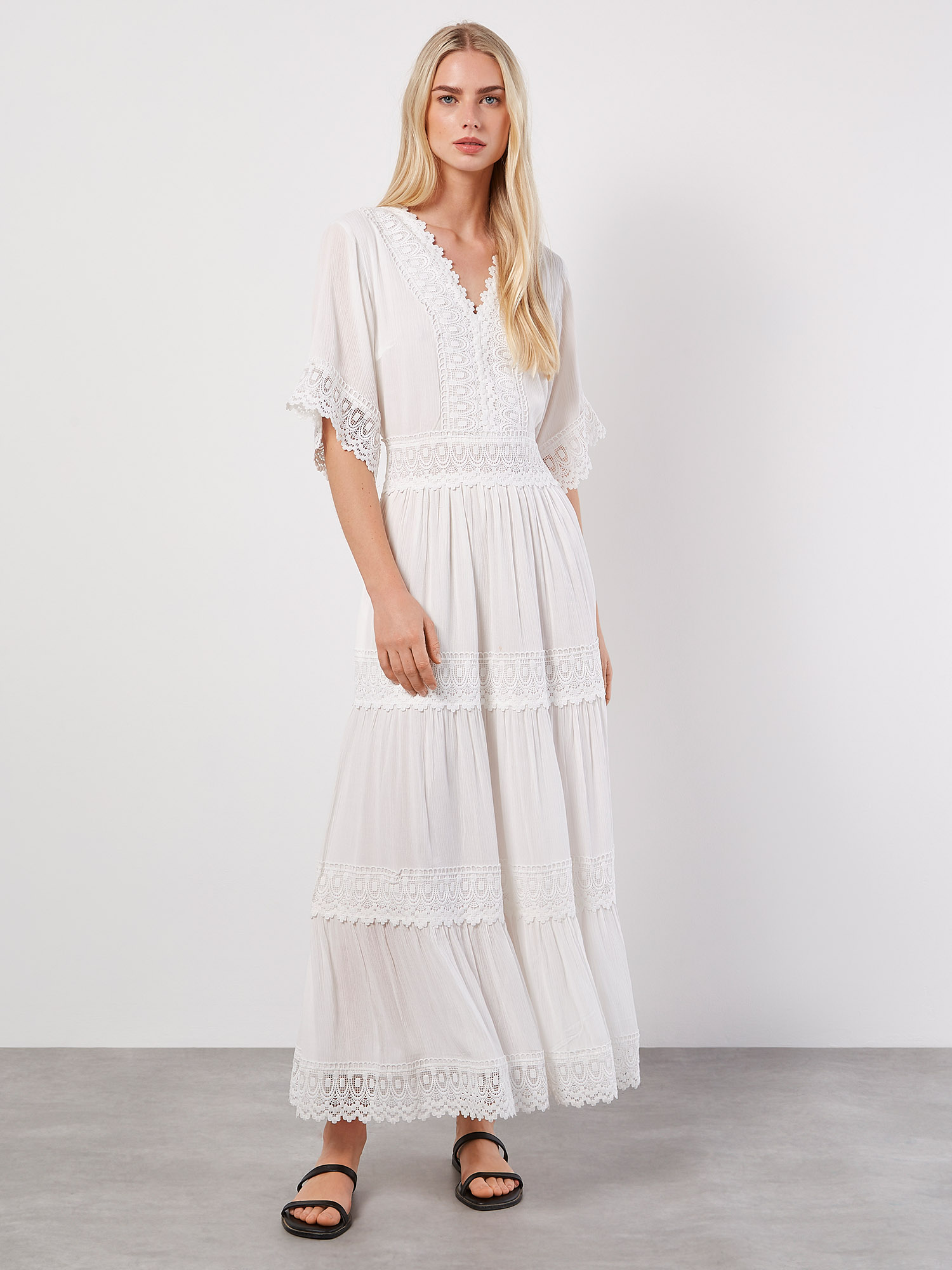 Crochet Detail Tiered Maxi Dress | Apricot Clothing