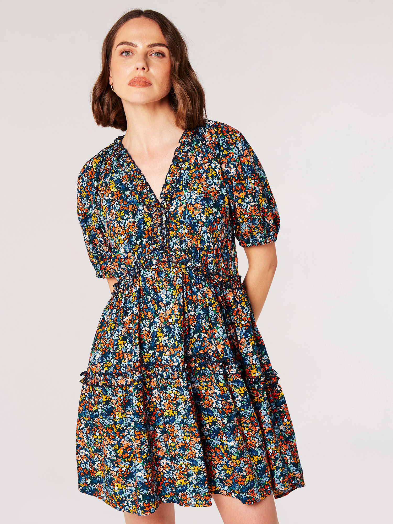 Watercolour Floral Ruffle Mini Dress | Apricot Clothing