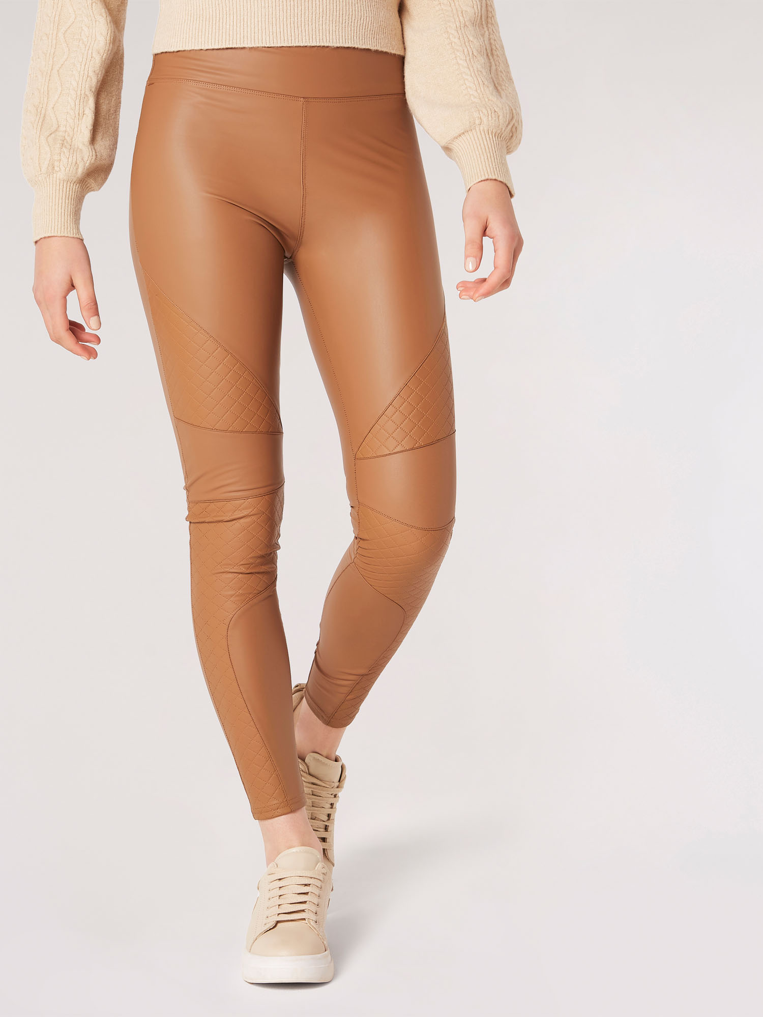 Leather Look Panel Leggings Apricot Clothing