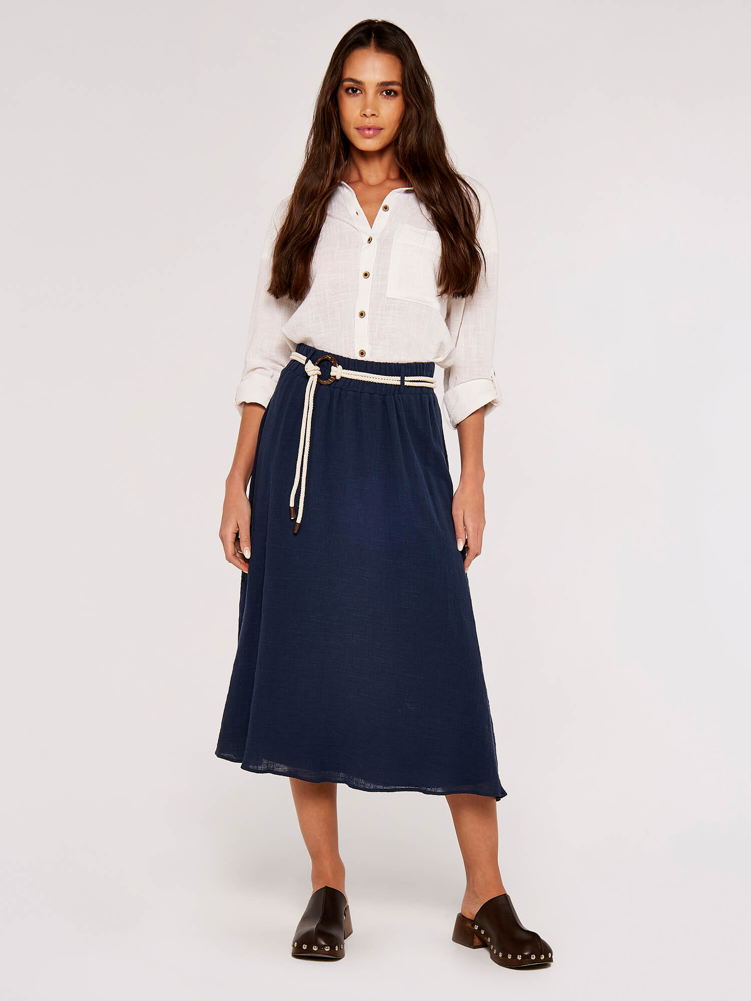 Rope Belt Cotton Midi Skirt | Apricot Clothing