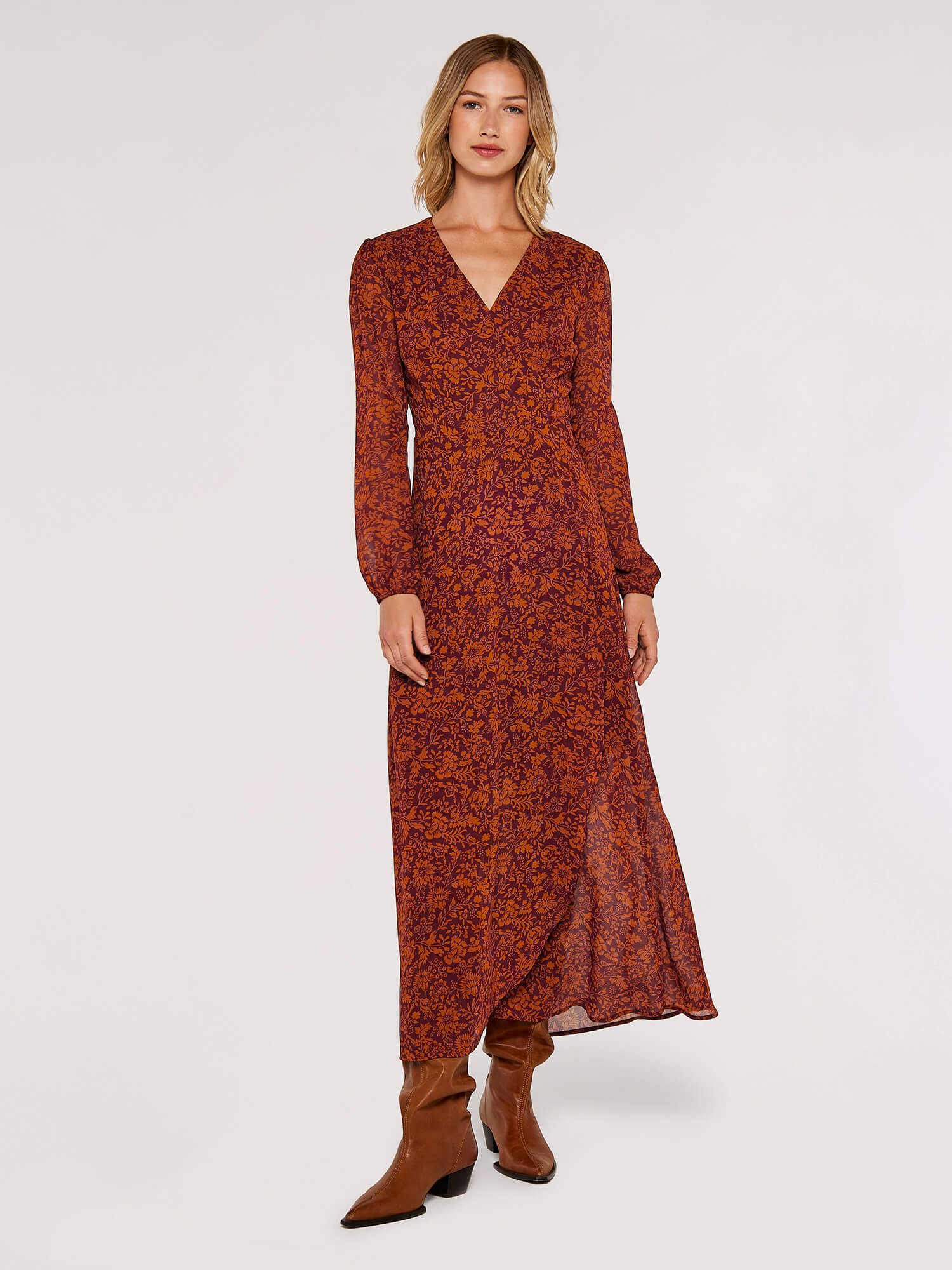 Fiorire rusty rose floral outlet print wrap maxi dress