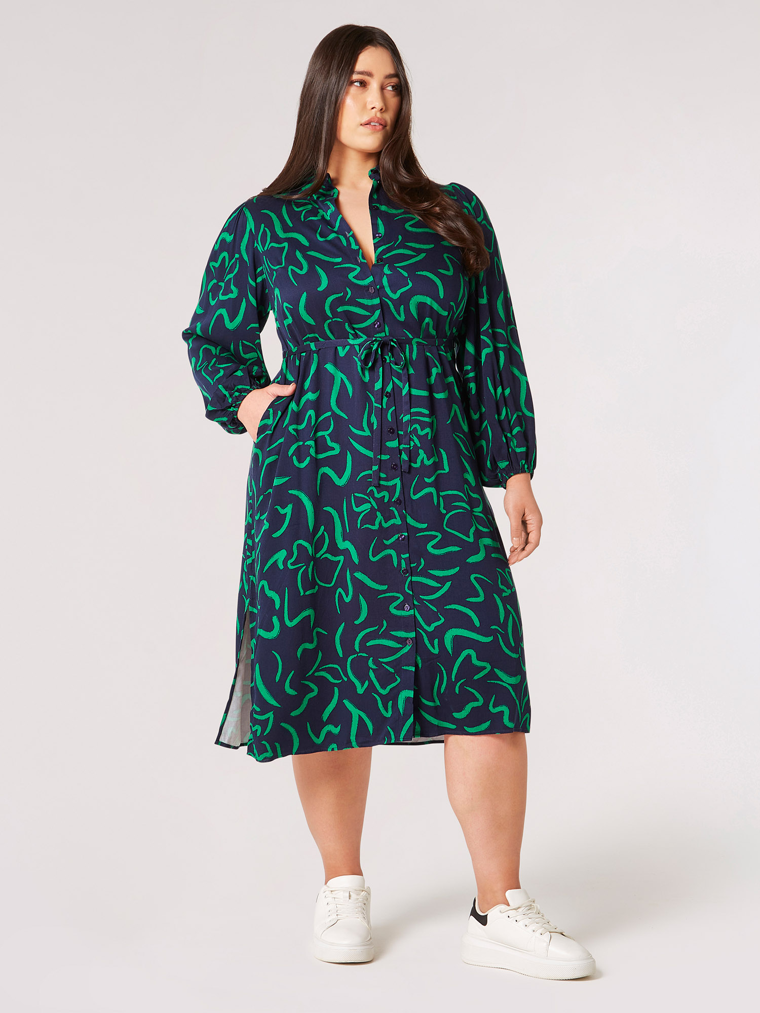 Curve Abstract Lines Shirt Midi Dress | Apricot Clothing