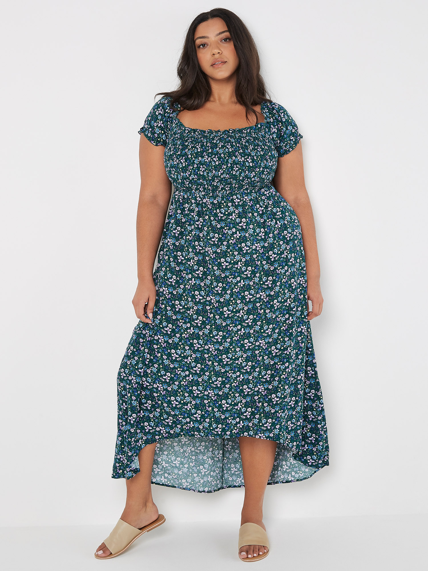 Curve Ditsy Floral Bardot Midi Dress | Apricot Clothing