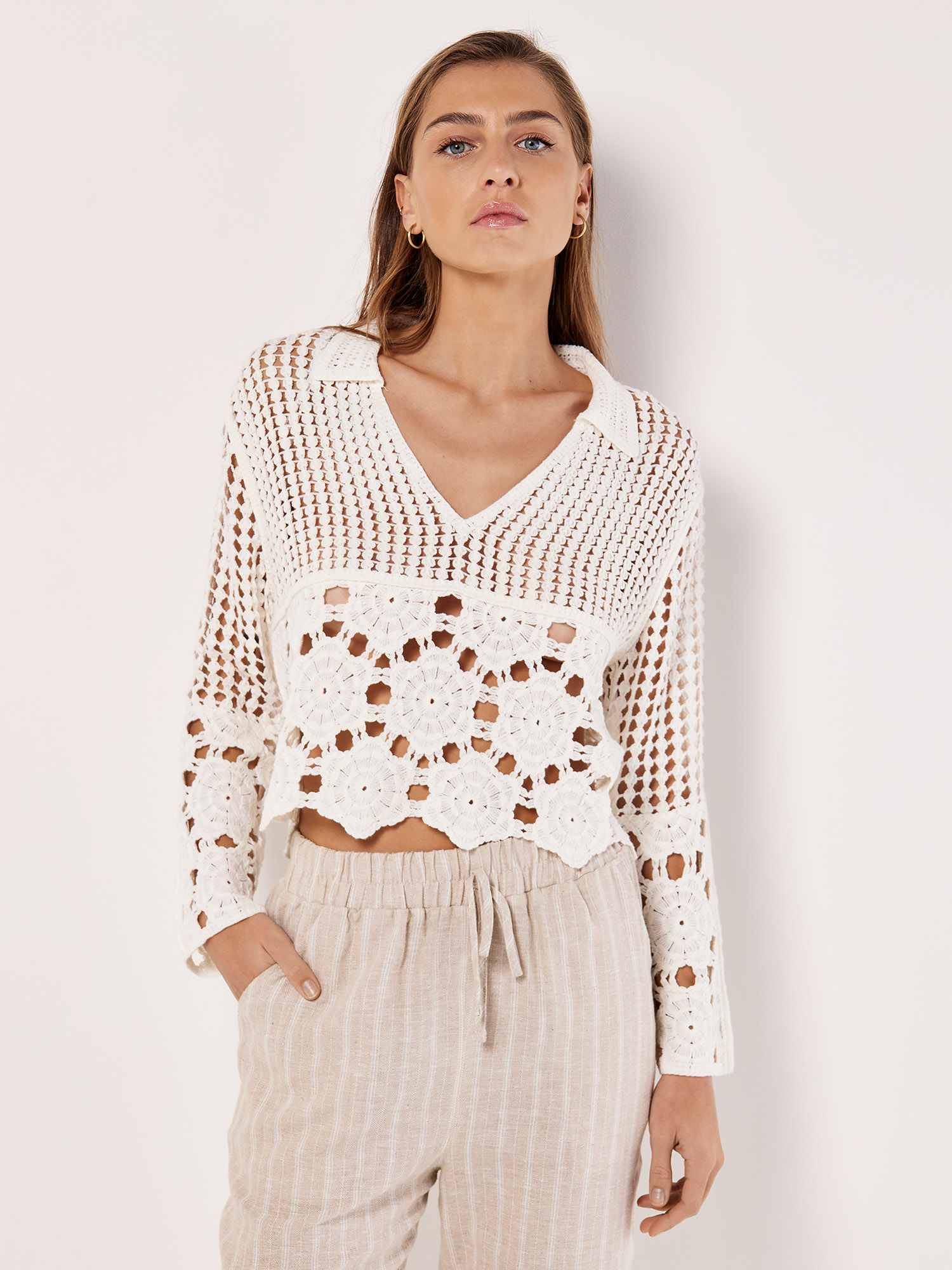 Open Collar Floral Crochet Top | Apricot Clothing