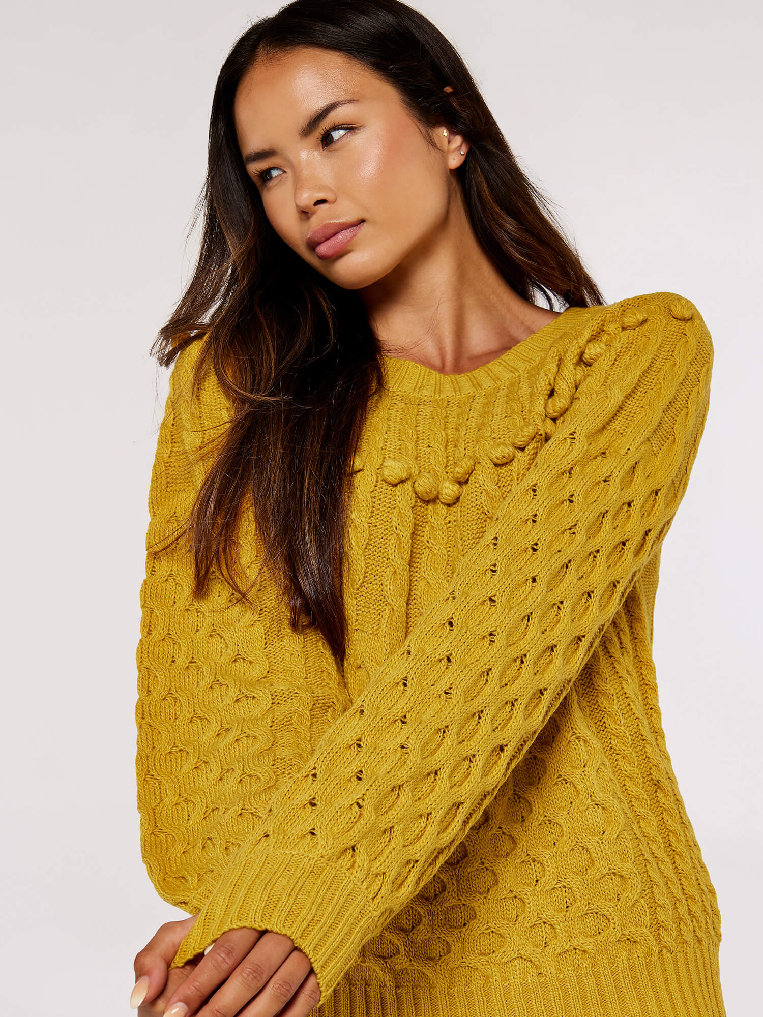 Aran Knit Pom Pom Jumper Apricot Clothing