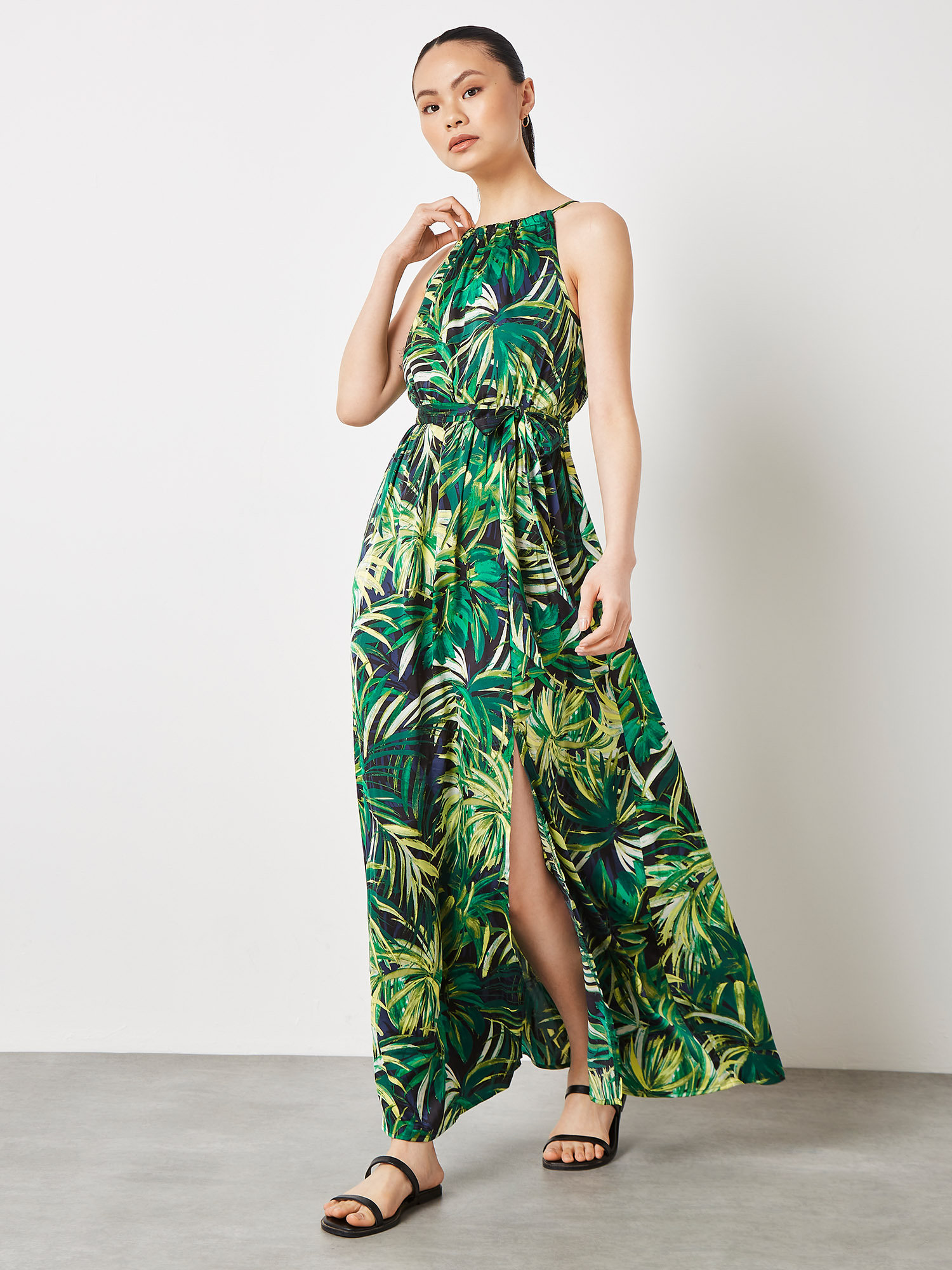 Tropical Leaf Satin Midi Dress | Apricot Clothing