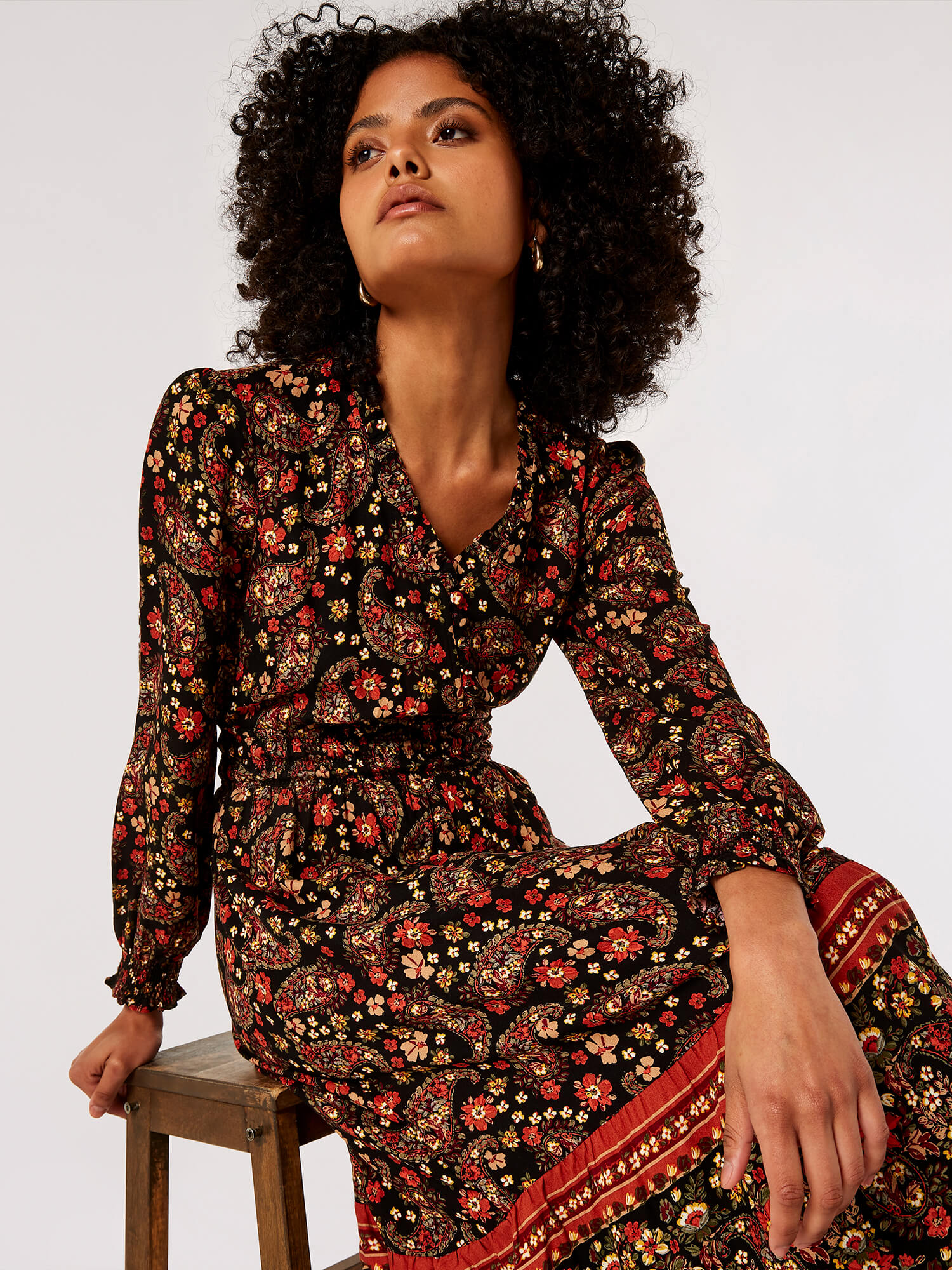 Ditsy Floral Paisley Midi Dress Apricot Clothing