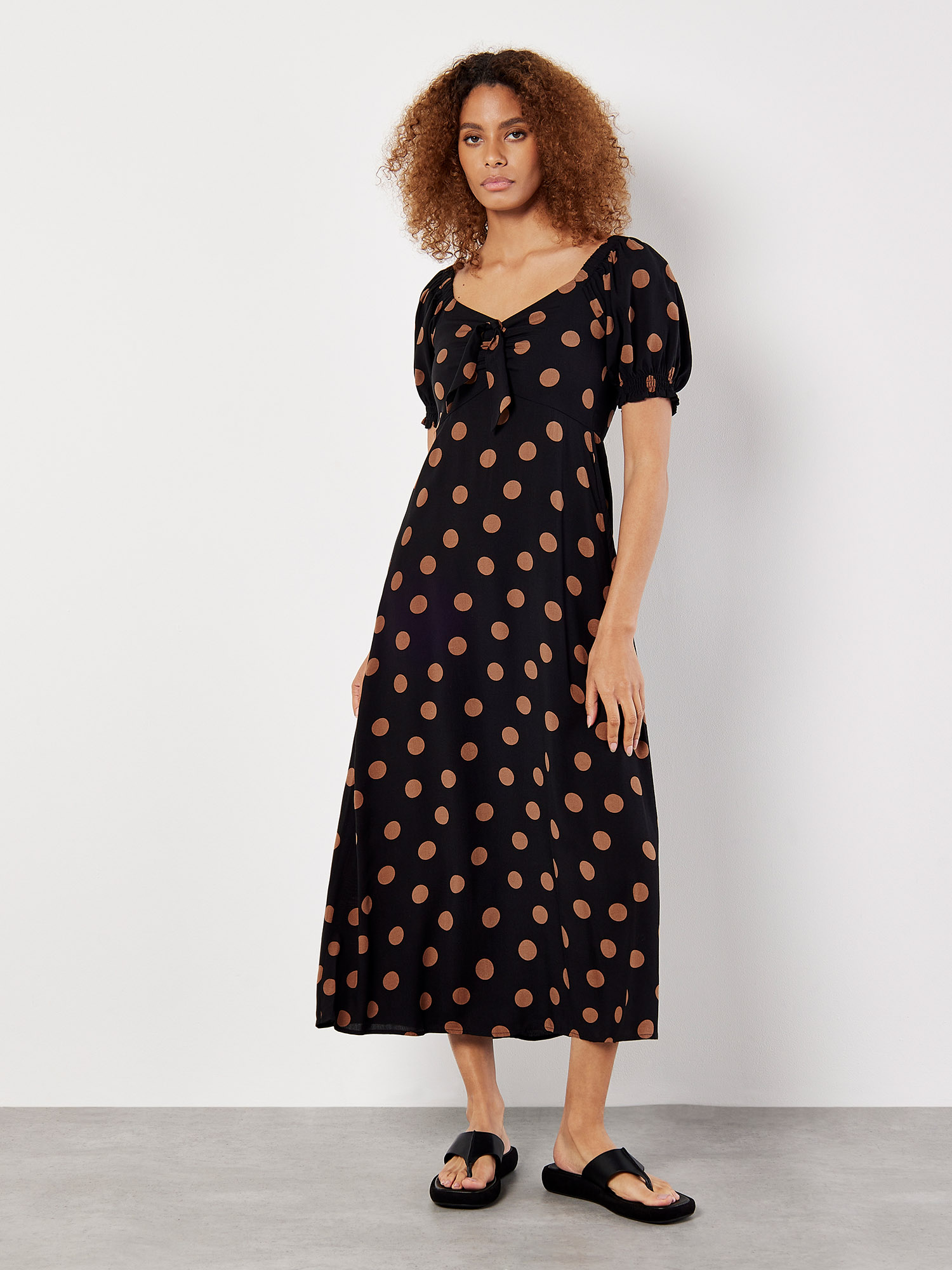 Polka Dot Bow Detail Midi Dress Apricot Clothing