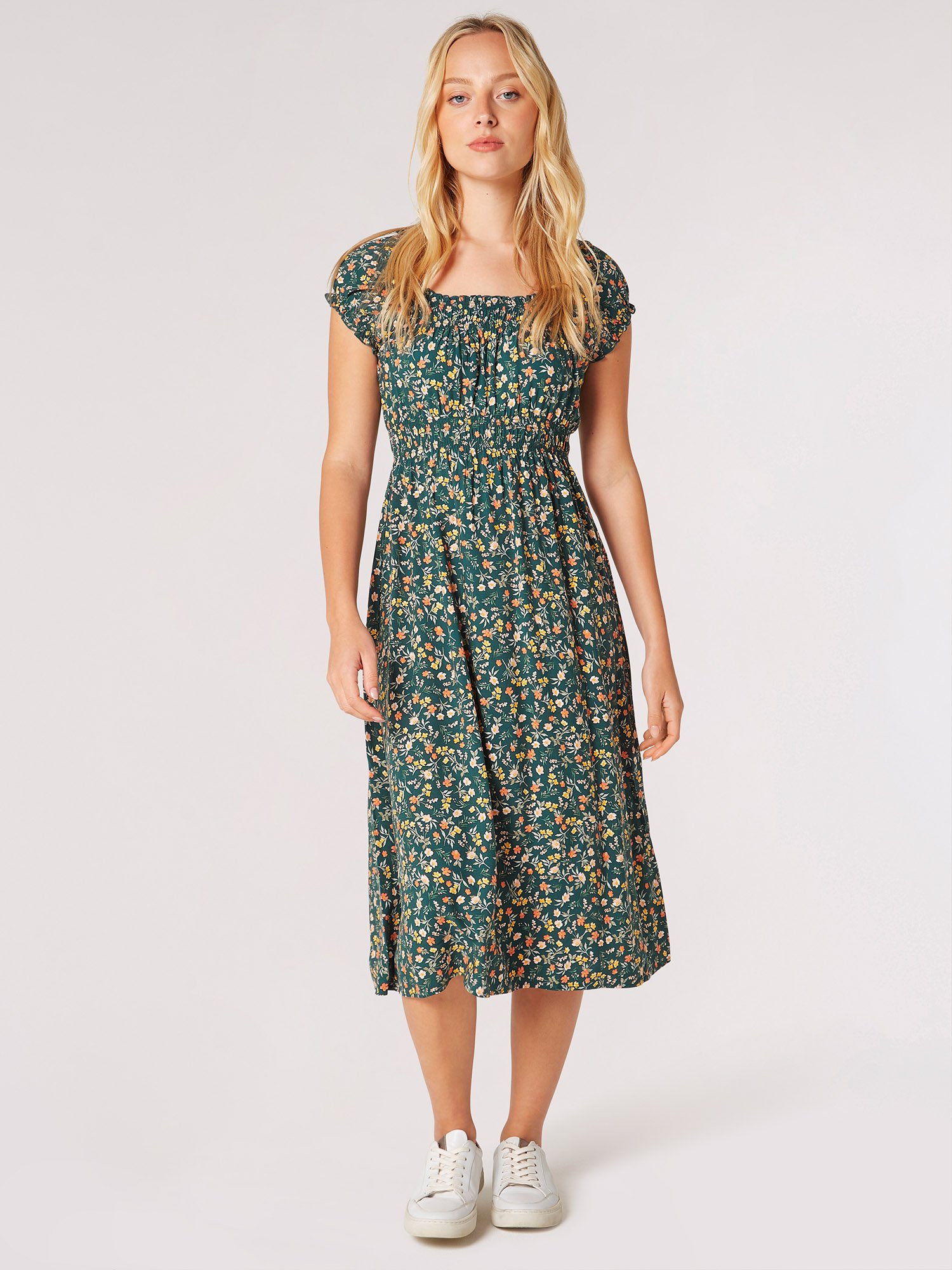 Garden Floral Milkmaid Midi Dress | Apricot Clothing