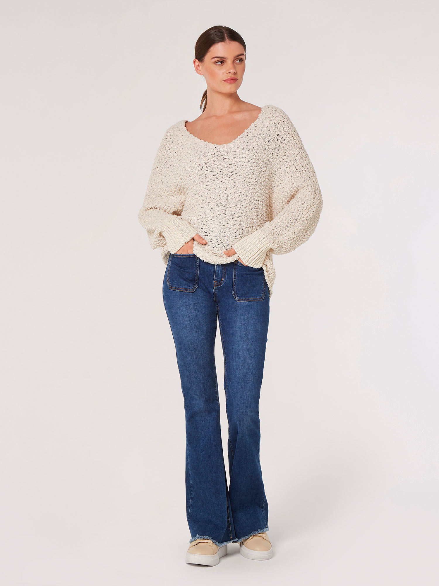 Popcorn Knit Batwing Jumper Apricot Clothing