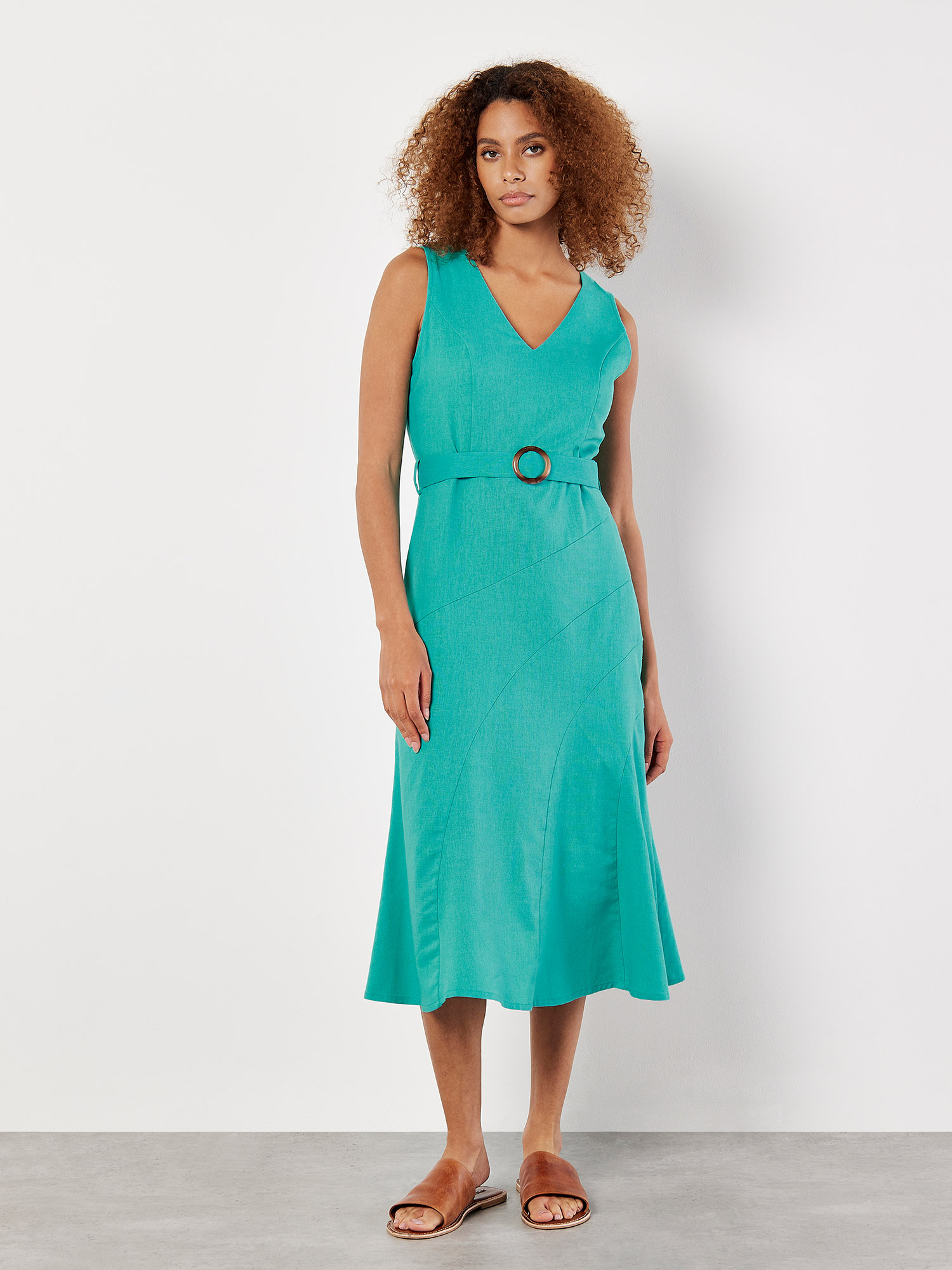 Linen Blend Belted Midi Dress | Apricot Clothing