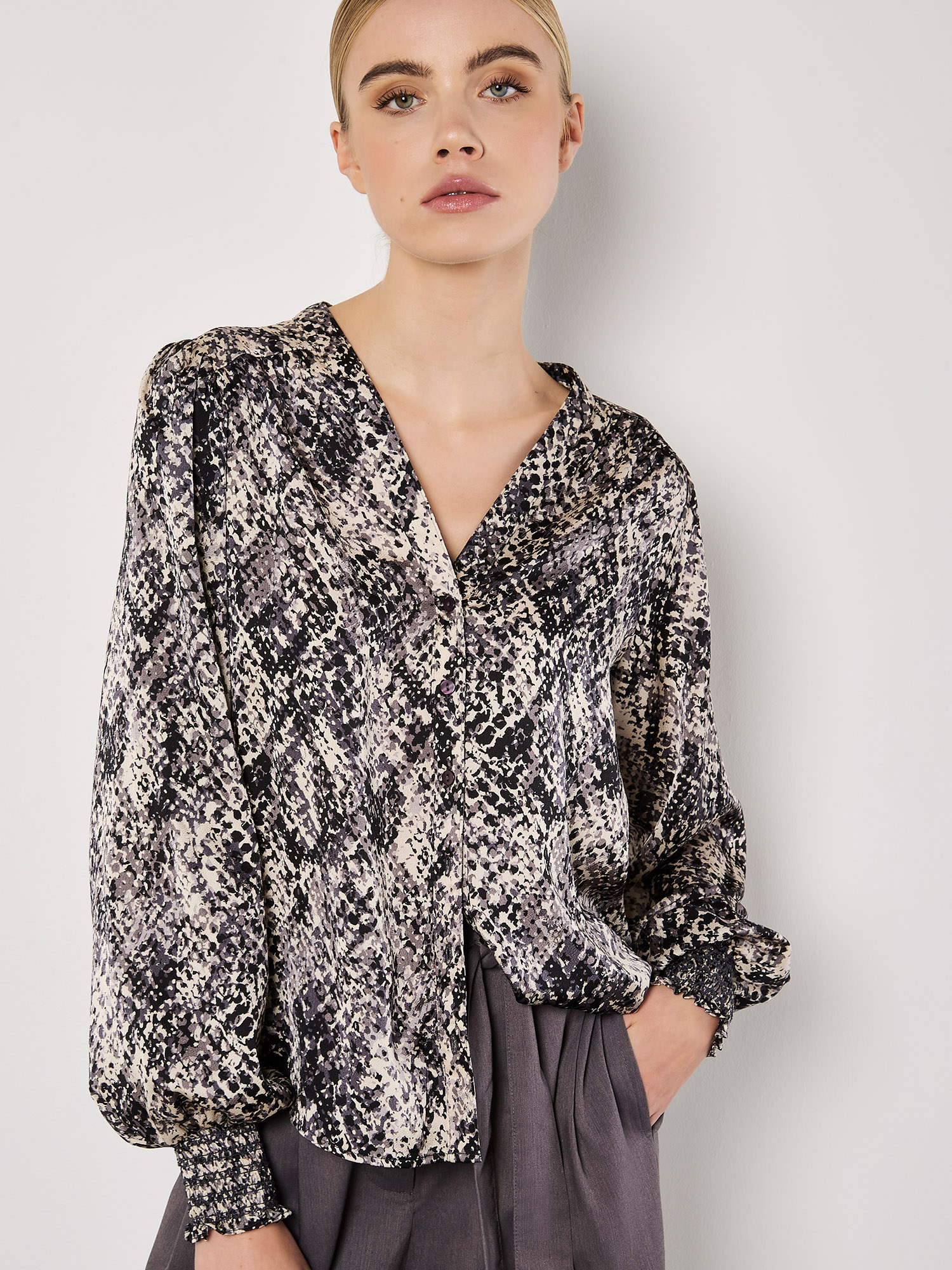 Snakeskin Hammered Satin Blouse Apricot Clothing