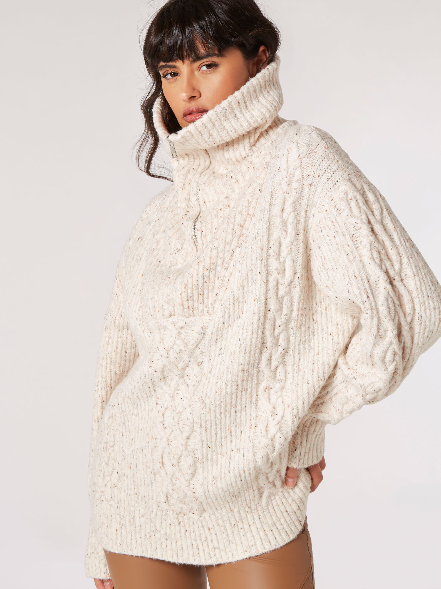 Chunky Cable Knit Zip Neck Jumper | Apricot Clothing