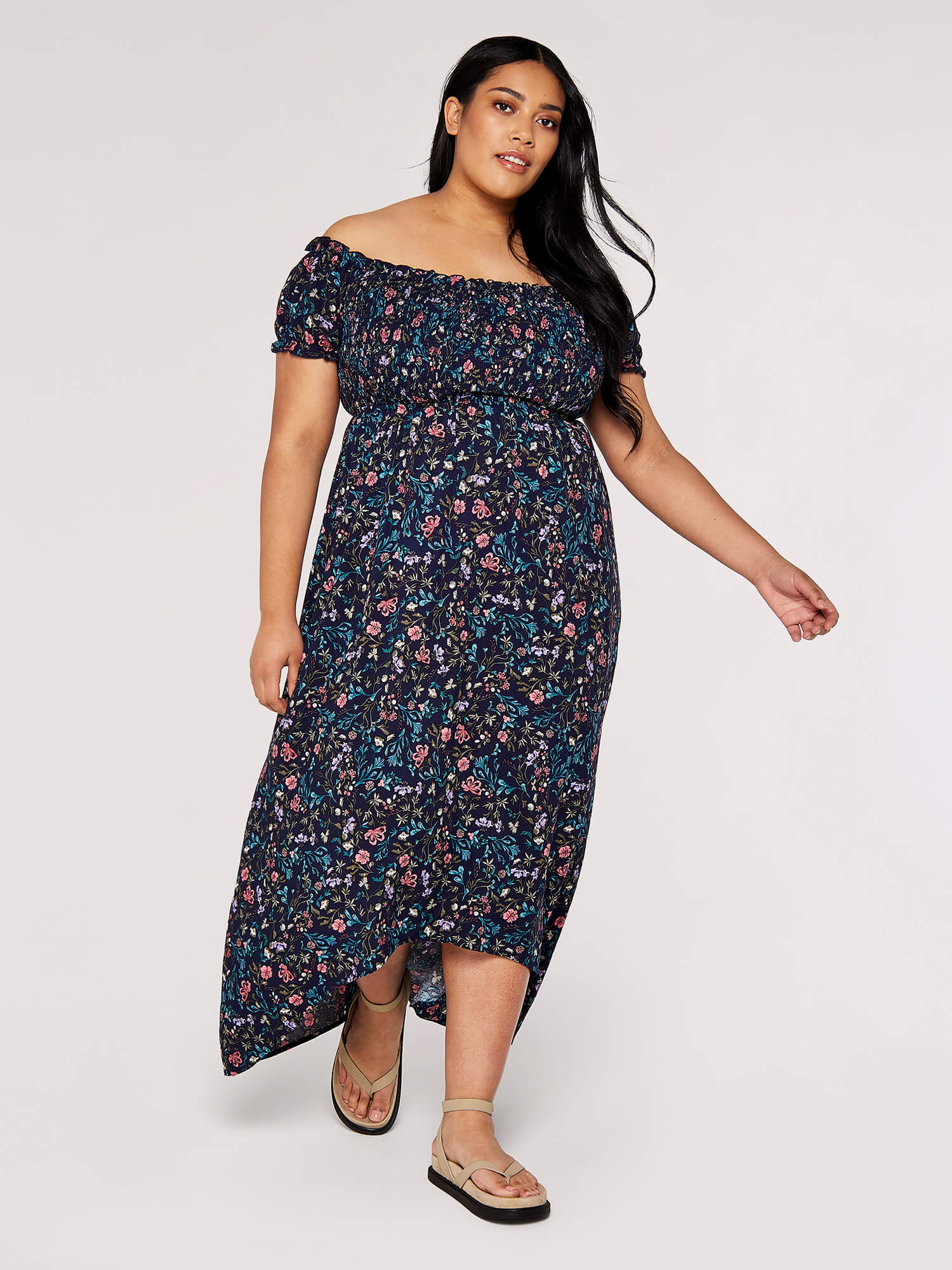 Curve Floral Bardot Midi Dress | Apricot Clothing