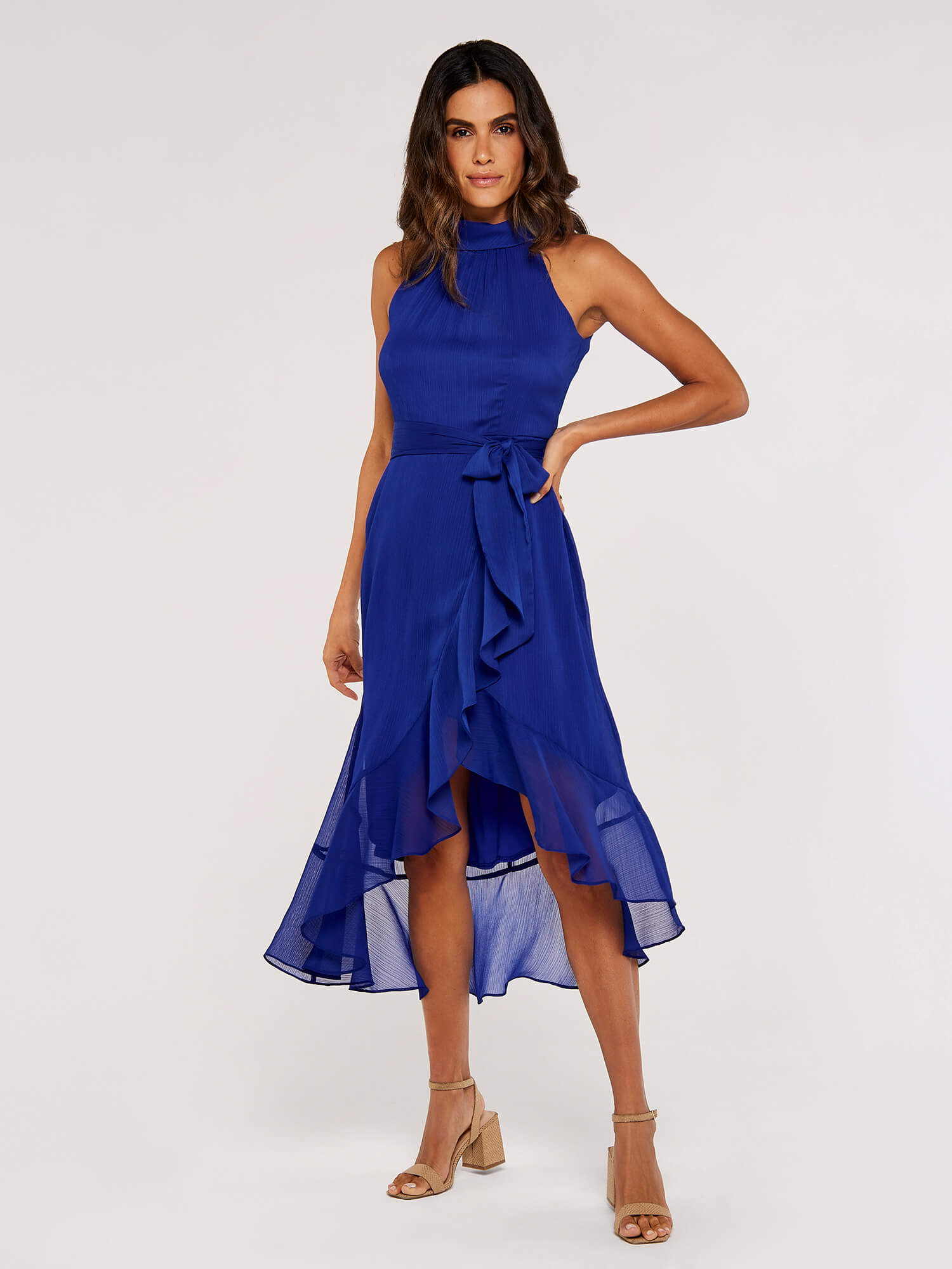 Royal blue halter neck dress sale