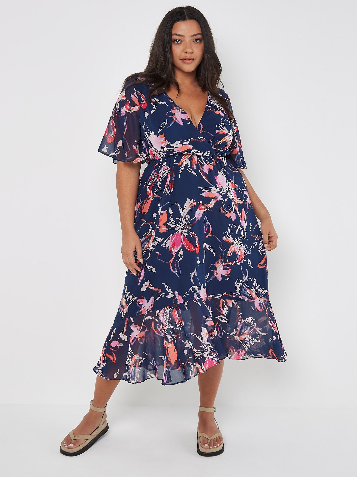 Curve Abstract Floral Wrap Midi Dress | Apricot Clothing