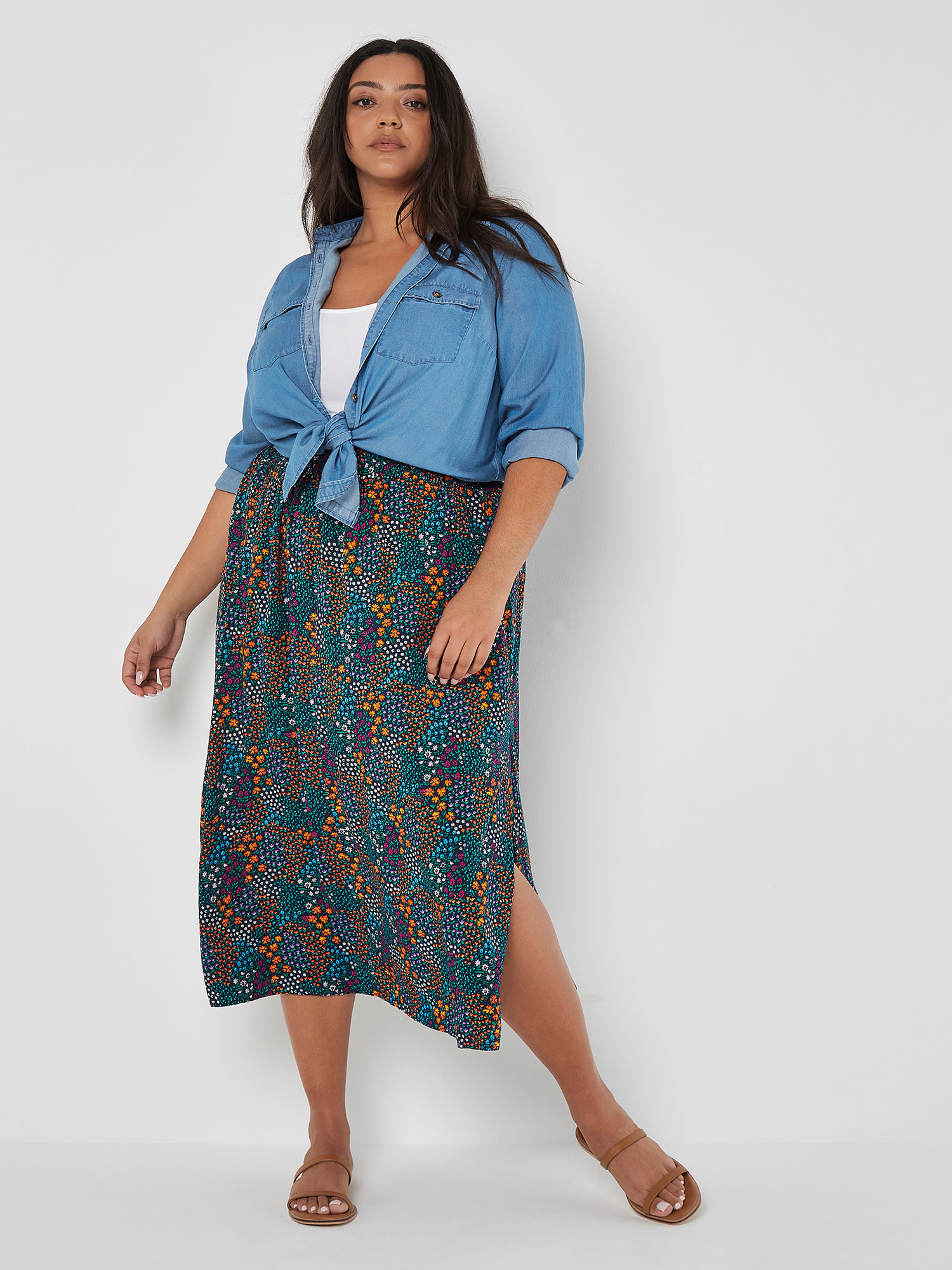 Curve Ditsy Floral Split Hem Midi Skirt Apricot Clothing