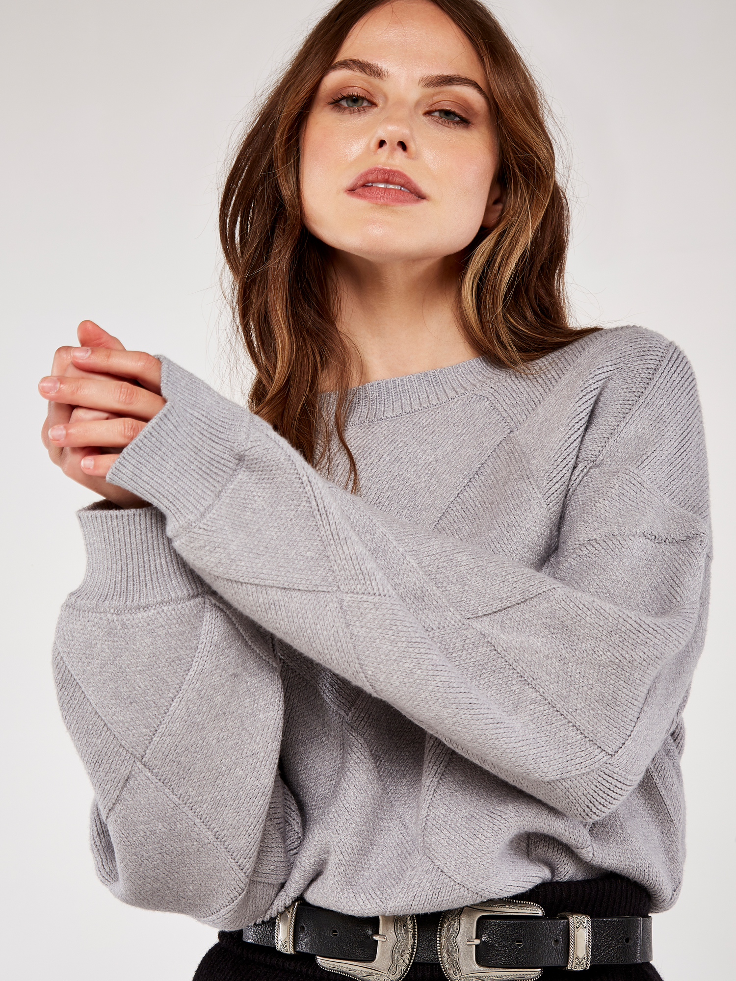 Basket Weave Puff Sleeve Jumper | Apricot Clothing