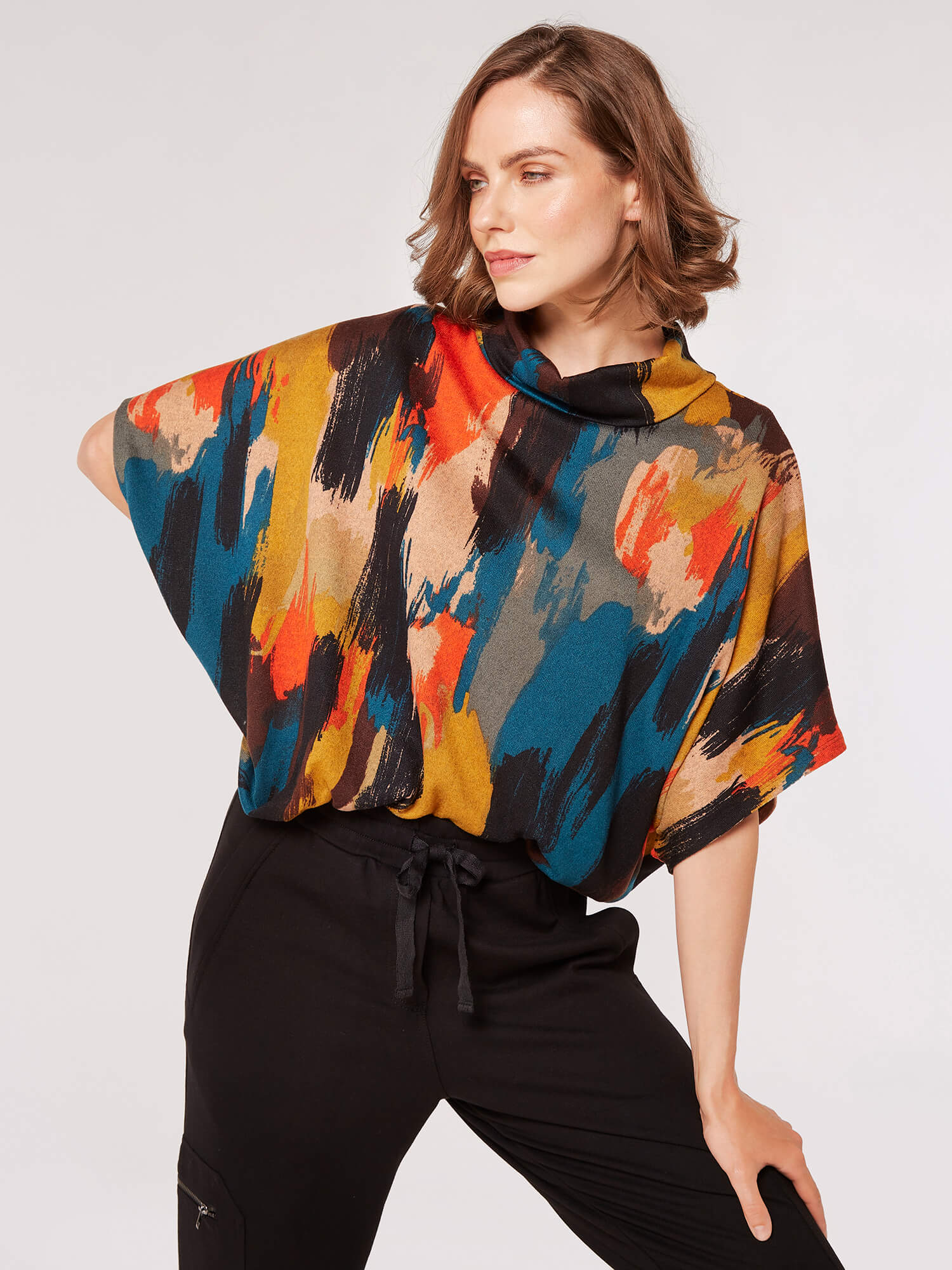 Roll Neck Cape Printed Top | Apricot Clothing