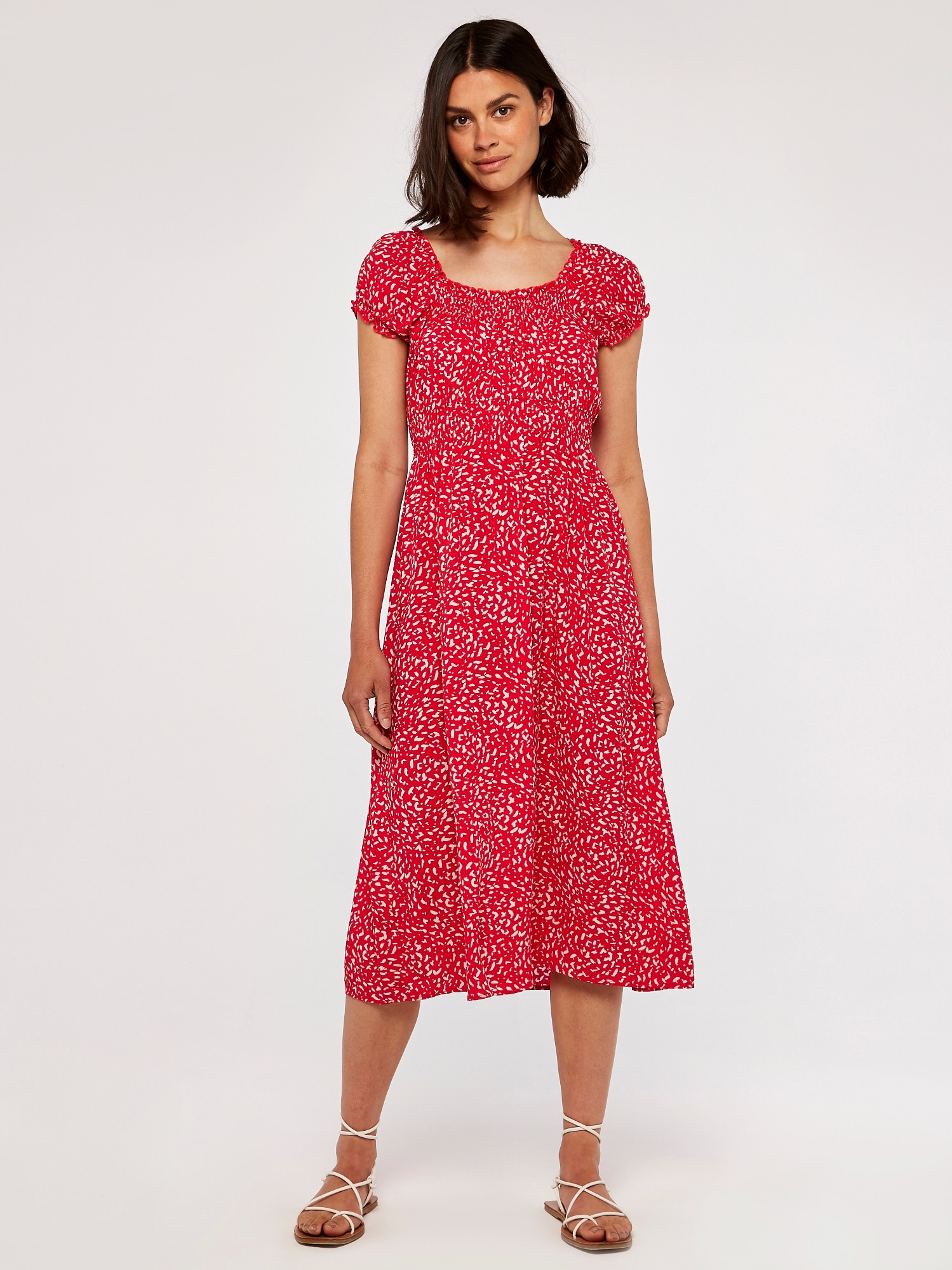 Brush Spot Milkmaid Midi Dress | Apricot Clothing